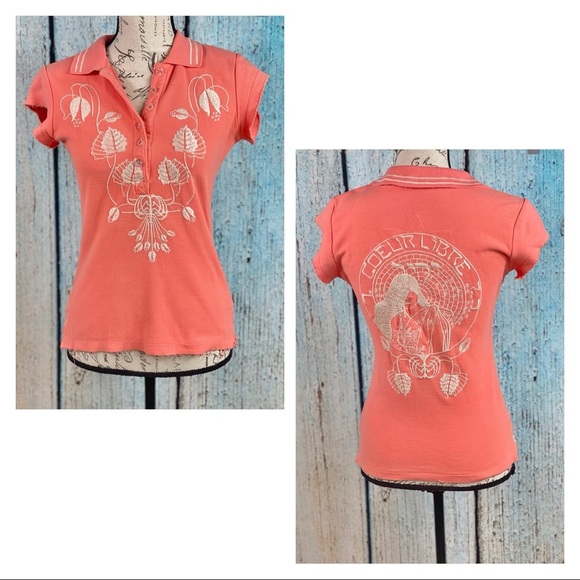 Johnny Was Coral Embroidered Cotton Polo Top - Picture 3 of 14